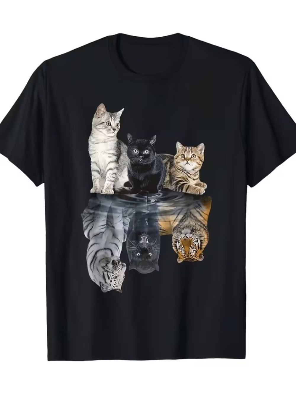 Cats Tiger Panther Mirror Reflection Black Men’s T-Shirt XXL